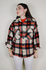 vintage 1950's A Benmar Original label long sleeve all wool plaid button up shacket in a red, black, and cream plaid print