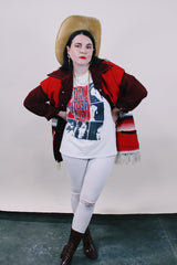 Women's or men's vintage 1980's Quality Garments by Richee, Made in Australia label short sleeve white cotton t-shirt with Boom Crash Opera band graphic in black and red on the front.