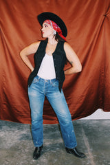 sleeveless black wool vest with all over embroidery vintage women's 1980's