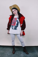 Women's or men's vintage 1980's Quality Garments by Richee, Made in Australia label short sleeve white cotton t-shirt with Boom Crash Opera band graphic in black and red on the front.