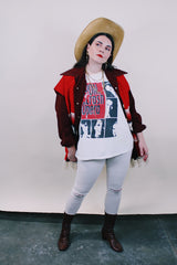 Women's or men's vintage 1980's Quality Garments by Richee, Made in Australia label short sleeve white cotton t-shirt with Boom Crash Opera band graphic in black and red on the front.