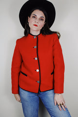 Women's vintage 1970's Boos Austrian Style label, made in Austria long sleeve button up wool jacket in bright red with black trim