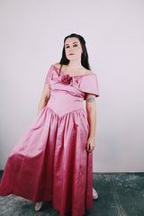 ankle length pink moire effect off the shoulder vintage 1980's evening dress