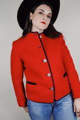 Women's vintage 1970's Boos Austrian Style label, made in Austria long sleeve button up wool jacket in bright red with black trim