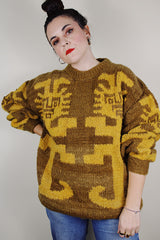 vintage 1980's Amano label, hand knit in Equador, XL 100% wool long sleeve pullover sweater in light brown with an all over yellow print