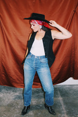 sleeveless black wool vest with all over embroidery vintage women's 1980's