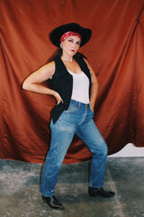 sleeveless black wool vest with all over embroidery vintage women's 1980's