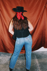 sleeveless black wool vest with all over embroidery vintage women's 1980's