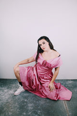 ankle length pink moire effect off the shoulder vintage 1980's evening dress