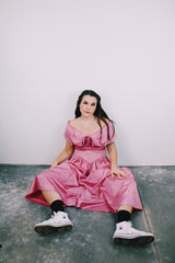 ankle length pink moire effect off the shoulder vintage 1980's evening dress