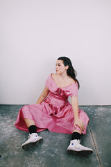 ankle length pink moire effect off the shoulder vintage 1980's evening dress