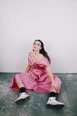 ankle length pink moire effect off the shoulder vintage 1980's evening dress