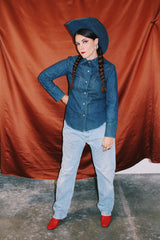 long sleeve dark wash denim button up shirt blouse with collar vintage women's 1970's