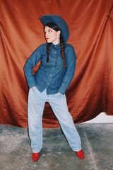 long sleeve dark wash denim button up shirt blouse with collar vintage women's 1970's