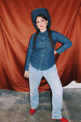 long sleeve dark wash denim button up shirt blouse with collar vintage women's 1970's