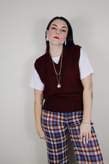 vintage 1970's Kings Road Shop, Sears The Men's Store label sleeveless maroon colored waffle knit texture acrylic material sweater vest