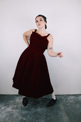 1950's maroon velvet evening dress sleeveless with full skirt