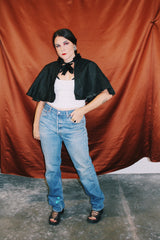 black silk Edwardian cape cloak with tie neck and ruffle trim neckline vintage women's 1920's