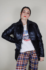 Women's vintage 1970's White Stag, USA label long sleeve zip up black nylon outdoor jacket white stitching and a matching adjustable removable belt