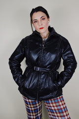 Women's vintage 1970's White Stag, USA label long sleeve zip up black nylon outdoor jacket white stitching and a matching adjustable removable belt