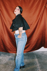 black silk Edwardian cape cloak with tie neck and ruffle trim neckline vintage women's 1920's