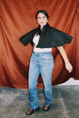 black silk Edwardian cape cloak with tie neck and ruffle trim neckline vintage women's 1920's