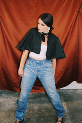 black silk Edwardian cape cloak with tie neck and ruffle trim neckline vintage women's 1920's