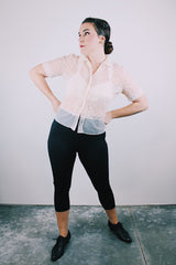 short sleeve button up peter pan collar blouse sheer cream with floral embroidery vintage 1960's