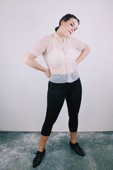 short sleeve button up peter pan collar blouse sheer cream with floral embroidery vintage 1960's