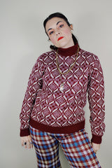 Women's vintage 1960's Barclay label long sleeve acrylic pullover sweater in maroon color with an all over cream abstract print