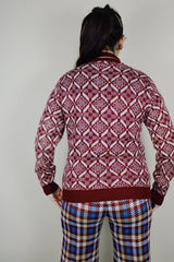 Women's vintage 1960's Barclay label long sleeve acrylic pullover sweater in maroon color with an all over cream abstract print