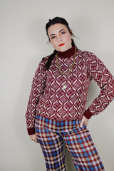 Women's vintage 1960's Barclay label long sleeve acrylic pullover sweater in maroon color with an all over cream abstract print