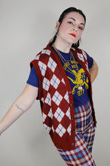 vintage 1980's Haband of Paterson New Jersey, Made in the USA label sleeveless acrylic button up sweater vest in maroon with an off white and navy argyle print in the front