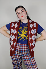 vintage 1980's Haband of Paterson New Jersey, Made in the USA label sleeveless acrylic button up sweater vest in maroon with an off white and navy argyle print in the front