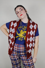 vintage 1980's Haband of Paterson New Jersey, Made in the USA label sleeveless acrylic button up sweater vest in maroon with an off white and navy argyle print in the front