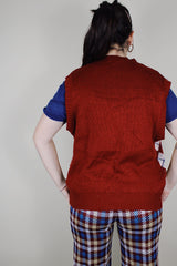vintage 1980's Haband of Paterson New Jersey, Made in the USA label sleeveless acrylic button up sweater vest in maroon with an off white and navy argyle print in the front