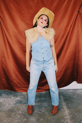 sleeveless denim vest with bronze button closure vintage 1980's