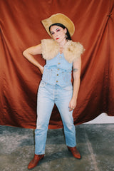 sleeveless denim vest with bronze button closure vintage 1980's