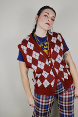 vintage 1980's Haband of Paterson New Jersey, Made in the USA label sleeveless acrylic button up sweater vest in maroon with an off white and navy argyle print in the front