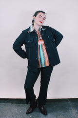 Women's or men's vintage western style 1970's dark forest green polyester two piece suit and jacket suit. Light green contrast thread throughout.