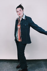 Women's or men's vintage western style 1970's dark forest green polyester two piece suit and jacket suit. Light green contrast thread throughout.