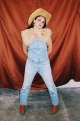 sleeveless denim vest with bronze button closure vintage 1980's