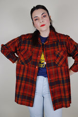vintage 1970's Pendleton, Made in USA long sleeve wool button up shirt in red with navy and yellow plaid print