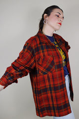 vintage 1970's Pendleton, Made in USA long sleeve wool button up shirt in red with navy and yellow plaid print