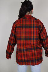 vintage 1970's Pendleton, Made in USA long sleeve wool button up shirt in red with navy and yellow plaid print