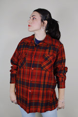 vintage 1970's Pendleton, Made in USA long sleeve wool button up shirt in red with navy and yellow plaid print