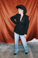 black wool double breasted tuxedo blazer with satin lapels vintage 1940's
