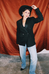 black wool double breasted tuxedo blazer with satin lapels vintage 1940's