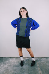 long sleeve grey blue and black striped dolman pullover sweater wool vintage 1980's