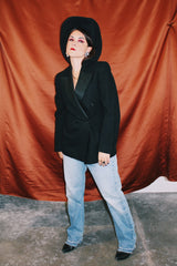 black wool double breasted tuxedo blazer with satin lapels vintage 1940's